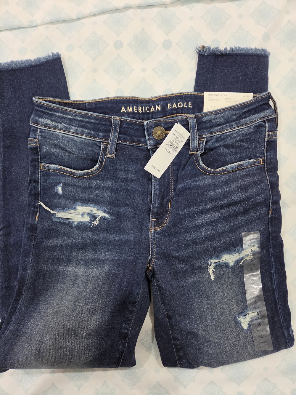 American Eagle Outfitters Dark Blue Distressed Frayed-Hem Jeggings